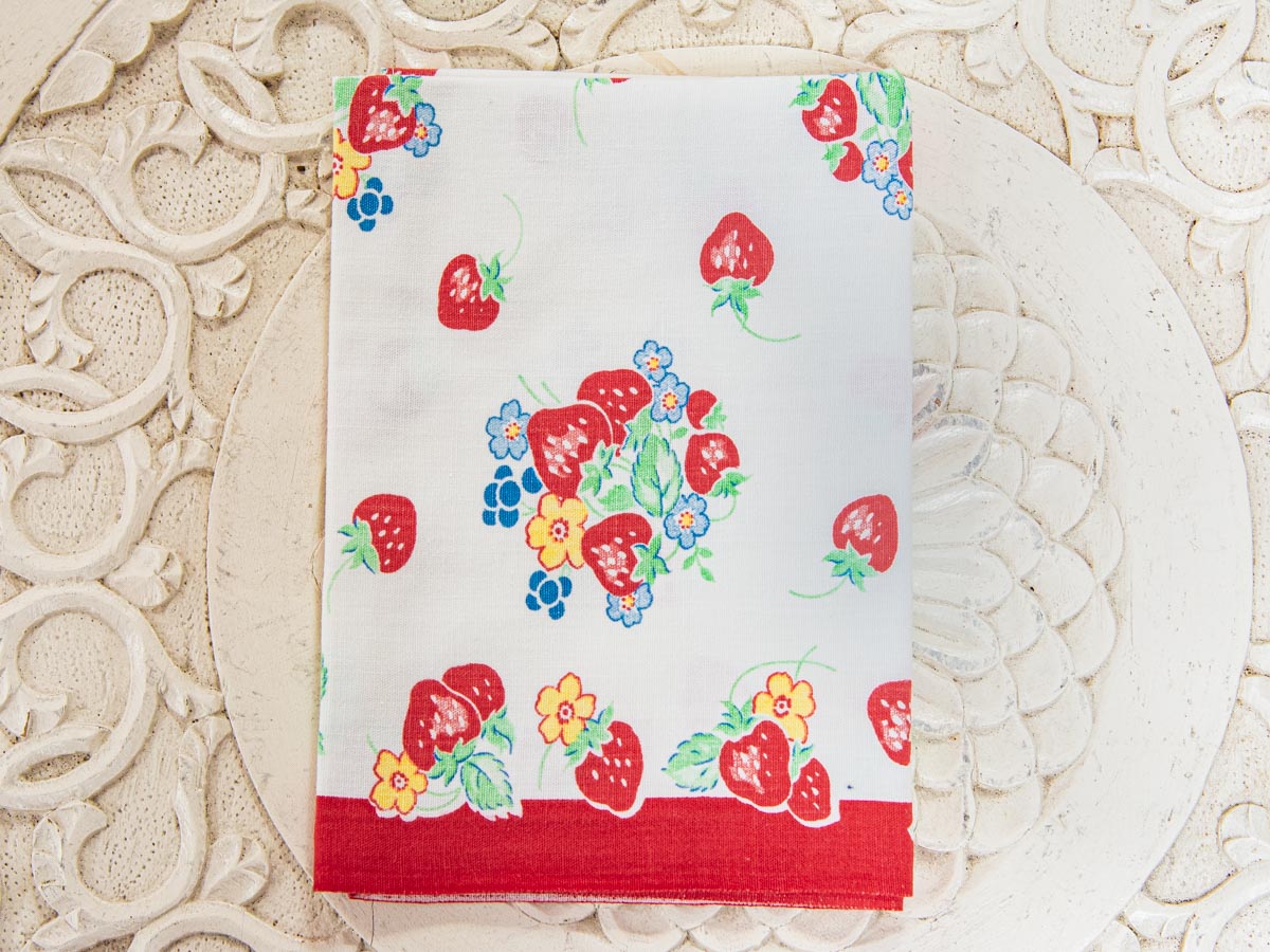 Handmade Strawberry Cluster Tea Towel –– Vintage Textile from Mid-Century Tablecloth