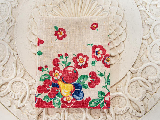 Handmade Apple & Grape Floral Tea Towel –– Vintage Textile from Mid-Century Tablecloth