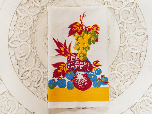 Handmade Cornucopia Fruit Tea Towel –– Vintage Textile from Mid-Century Tablecloth