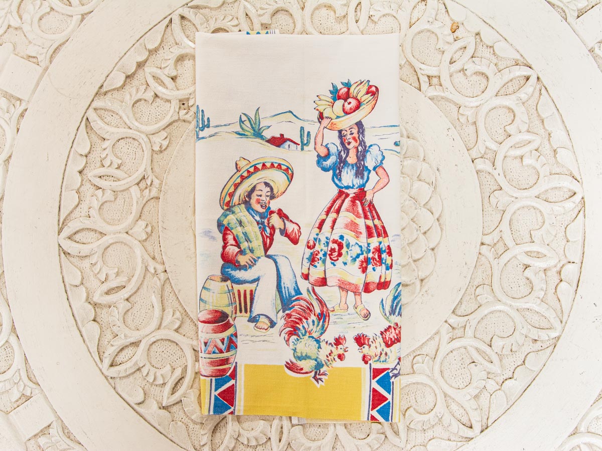 Handmade Mexican Fiesta Tea Towel –– Vintage Textile from Mid-Century Tablecloth