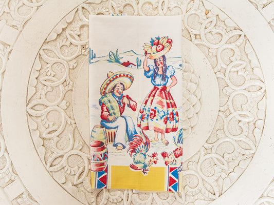 Handmade Mexican Fiesta Tea Towel –– Vintage Textile from Mid-Century Tablecloth