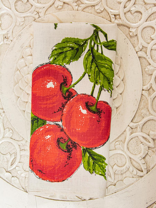 Handmade Tomato & Cherry Vine Tea Towel –– Vintage Textile from Mid-Century Tablecloth