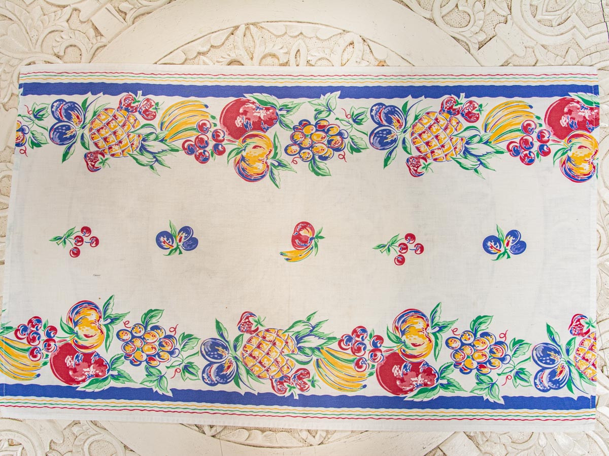 Handmade Pineapple & Plum Border Tea Towel –– Vintage Textile from Mid-Century Tablecloth