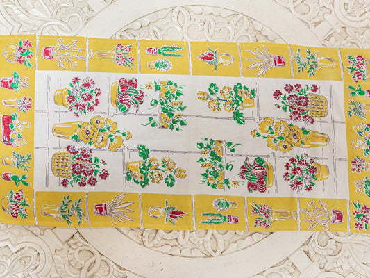 Handmade Yellow Flower Pot Tea Towel –– Vintage Textile from Mid-Century Tablecloth