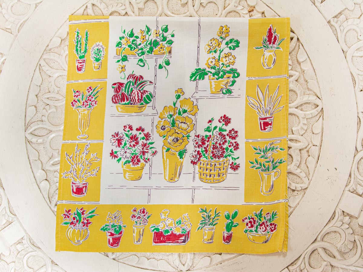 Handmade Yellow Flower Pot Tea Towel –– Vintage Textile from Mid-Century Tablecloth