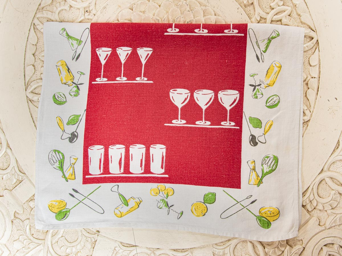 Handmade Cocktail Glass Tea Towel –– Vintage Textile from Mid-Century Tablecloth