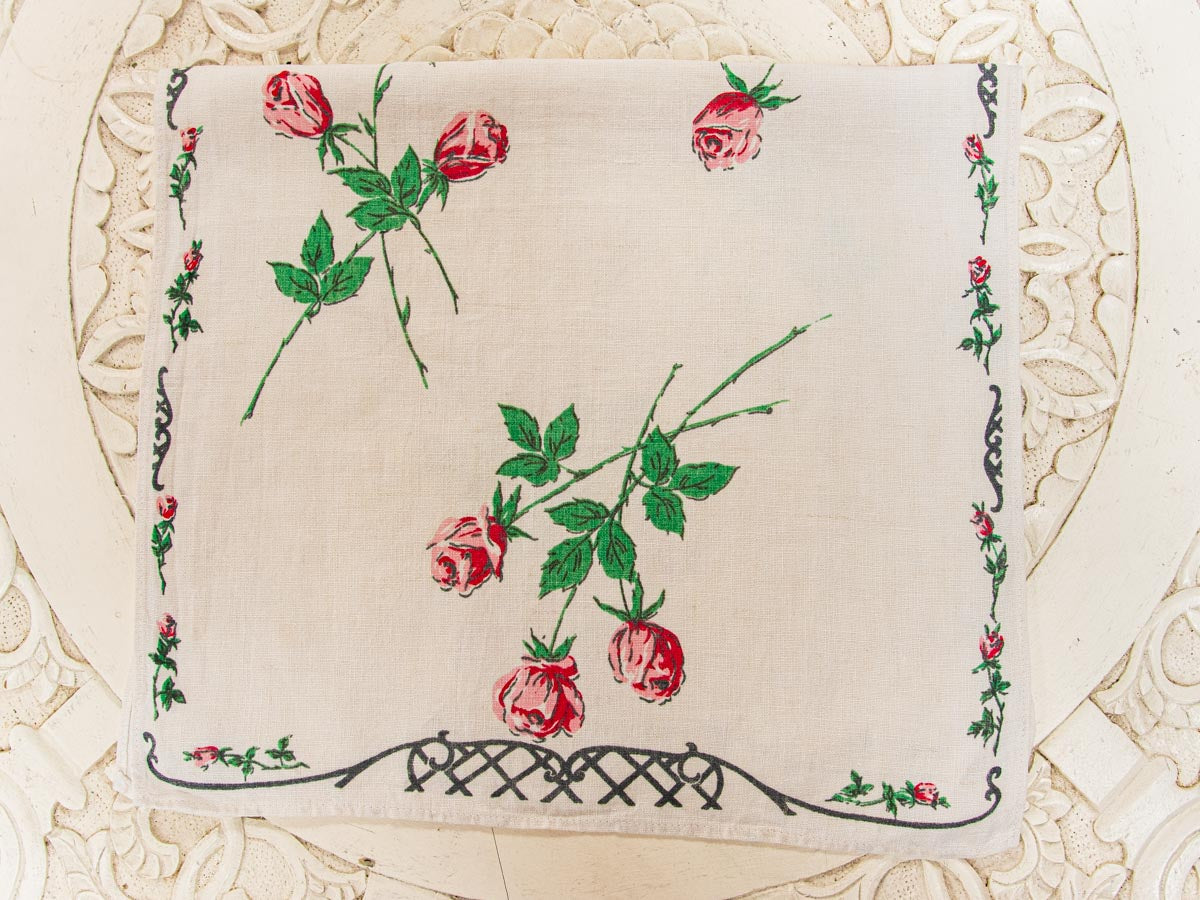 Handmade Pink Rosebud Tea Towel –– Vintage Textile from Mid-Century Tablecloth