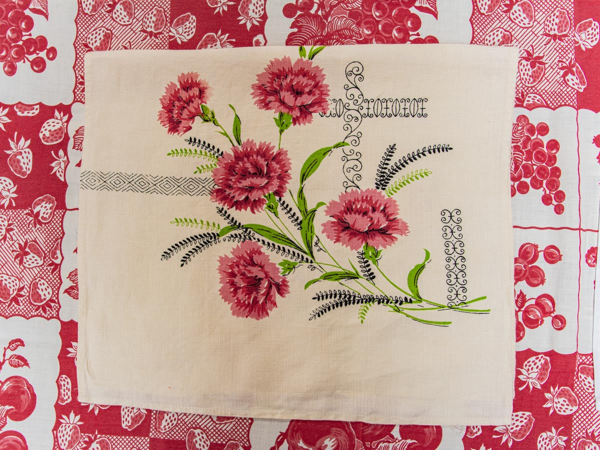 Handmade Carnation Bouquet Tea Towel –– Vintage Textile from Mid-Century Tablecloth