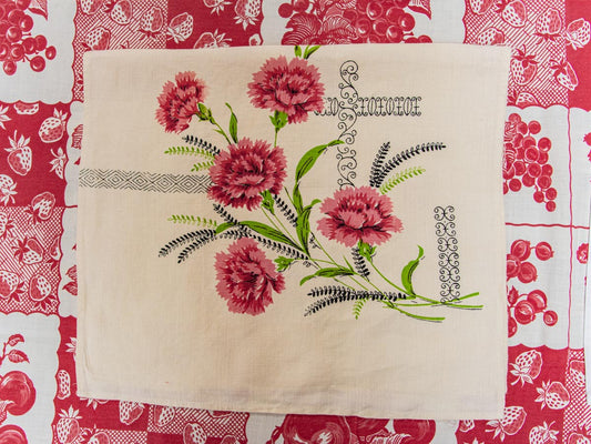 Handmade Carnation Bouquet Tea Towel –– Vintage Textile from Mid-Century Tablecloth