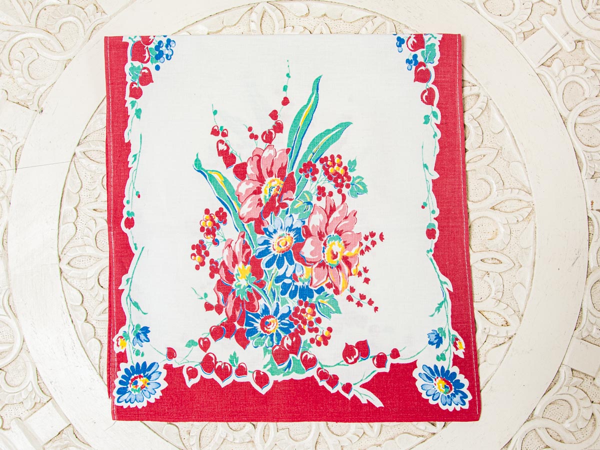 Handmade Red Border Floral Tea Towel –– Vintage Textile from Mid-Century Tablecloth
