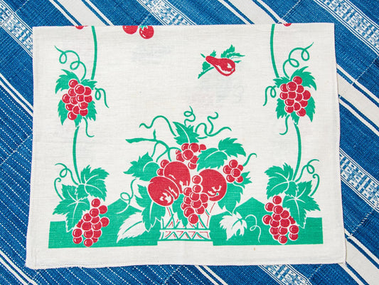 Handmade Red Grape & Pear Tea Towel –– Vintage Textile from Mid-Century Tablecloth