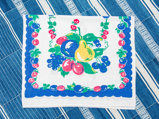 Handmade Blue Border Fruit Tea Towel –– Vintage Textile from Mid-Century Tablecloth