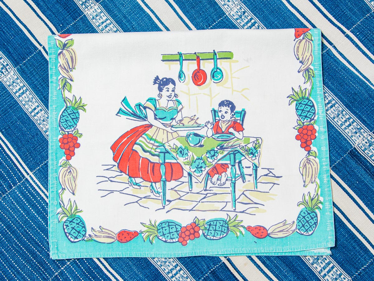 Handmade Family Kitchen Tea Towel –– Vintage Textile from Mid-Century Tablecloth