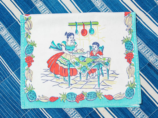 Handmade Family Kitchen Tea Towel –– Vintage Textile from Mid-Century Tablecloth