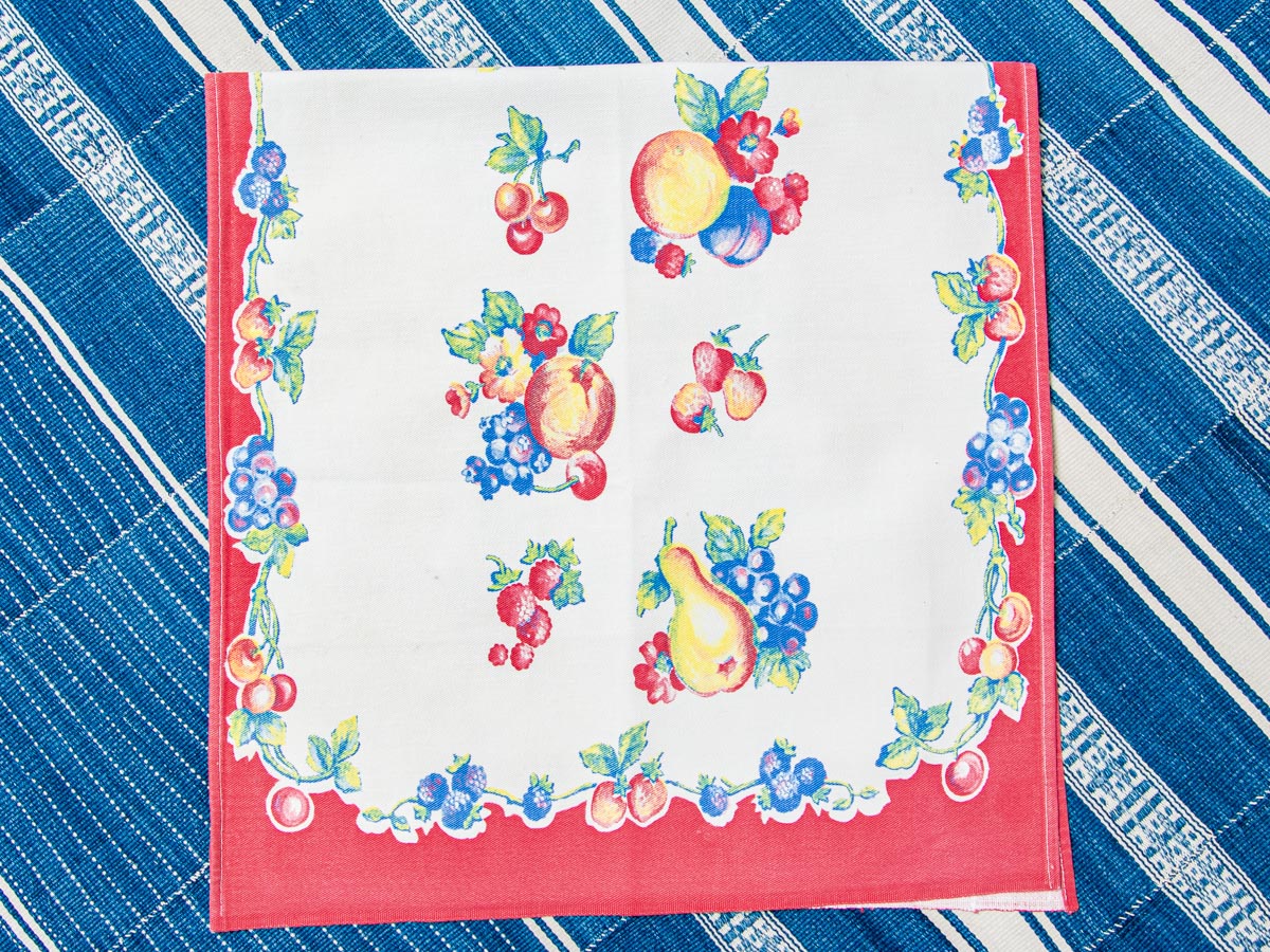 Handmade Red Border Fruit Tea Towel –– Vintage Textile from Mid-Century Tablecloth