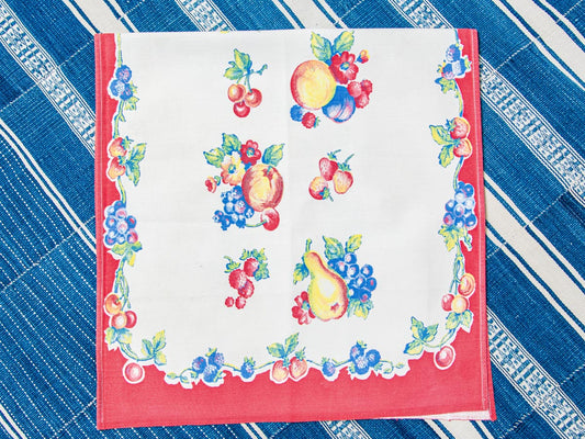 Handmade Red Border Fruit Tea Towel –– Vintage Textile from Mid-Century Tablecloth