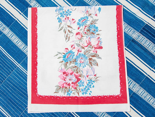 Handmade Pink & Blue Floral Tea Towel –– Vintage Textile from Mid-Century Tablecloth