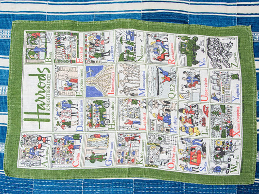 Handmade Harrods Alphabet Tea Towel –– Vintage Souvenir Textile