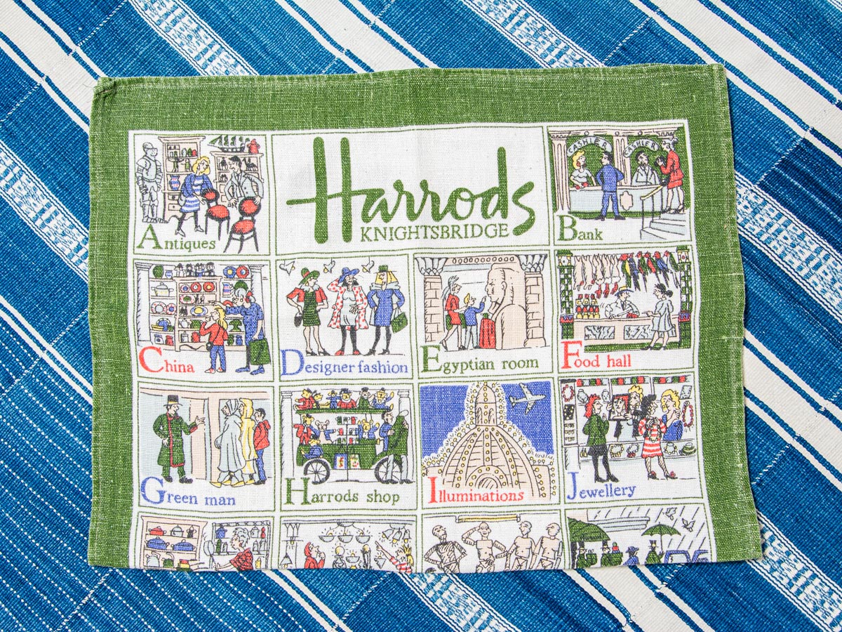 Handmade Harrods Alphabet Tea Towel –– Vintage Souvenir Textile