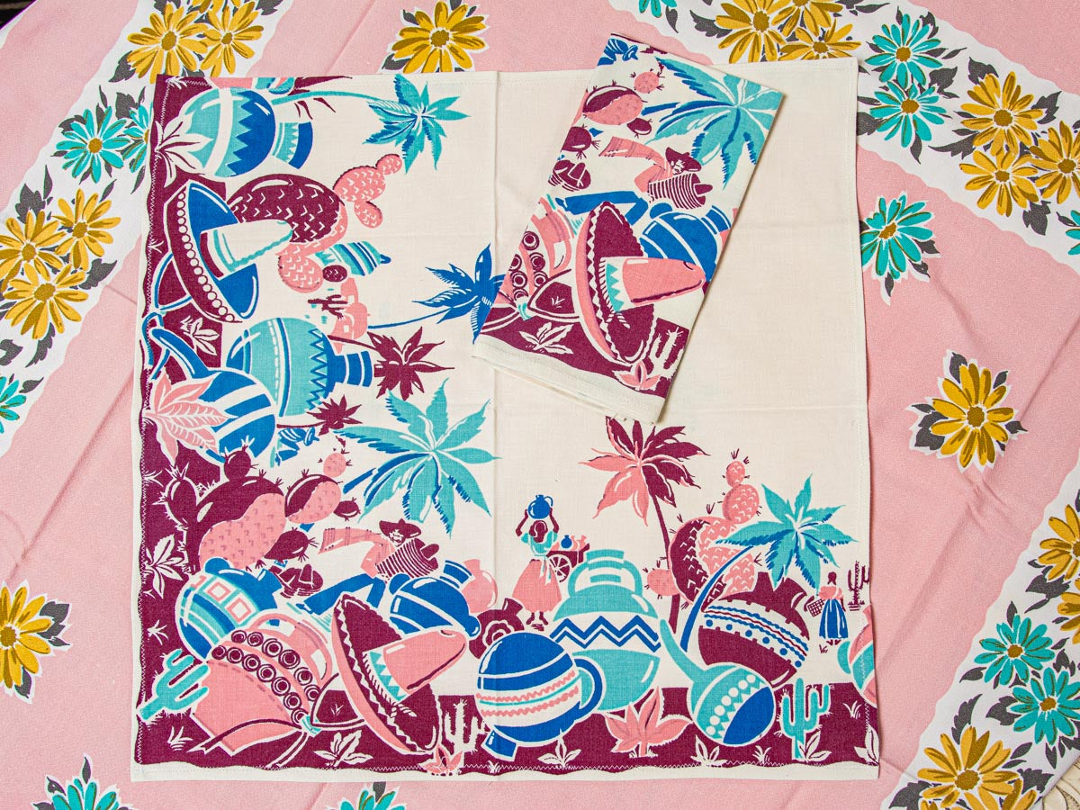 Handmade Southwestern Motif Napkins –– Vintage Textile from Mid-Century Tablecloths, Set of 2