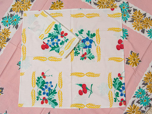 Handmade Cherry & Wheat Napkins –– Vintage Textile from Mid-Century Tablecloths, Set of 2