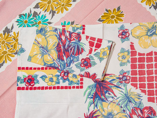 Handmade Hibiscus & Grid Napkins –– Vintage Textile from Mid-Century Tablecloths, Set of 2