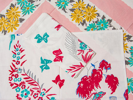 Handmade Butterfly & Garden Scene Napkins –– Vintage Textile from Mid-Century Tablecloths, Set of 2