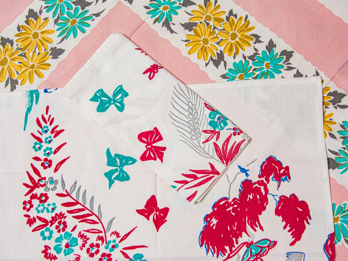 Handmade Butterfly & Garden Scene Napkins –– Vintage Textile from Mid-Century Tablecloths, Set of 2
