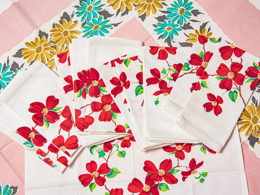Vintage Dogwood Napkins – Bold Red Floral, Set of 12
