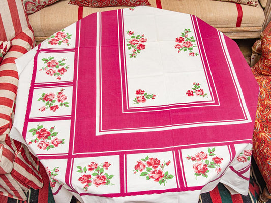 Vintage Floral Rose & Pink Border 1950s Tablecloth