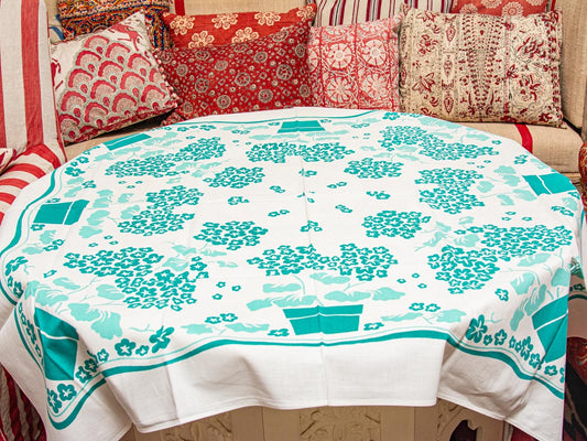 Vintage Floral Aqua Geranium 1950s Tablecloth