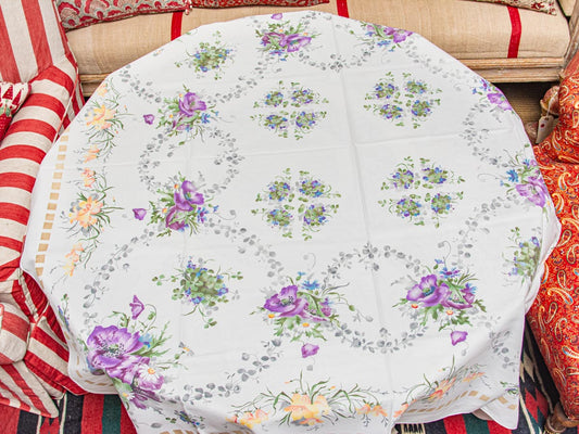 Vintage Floral Lilac & Peach 1950s Tablecloth
