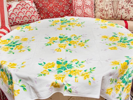 Vintage Floral Yellow Rose 1950s Tablecloth