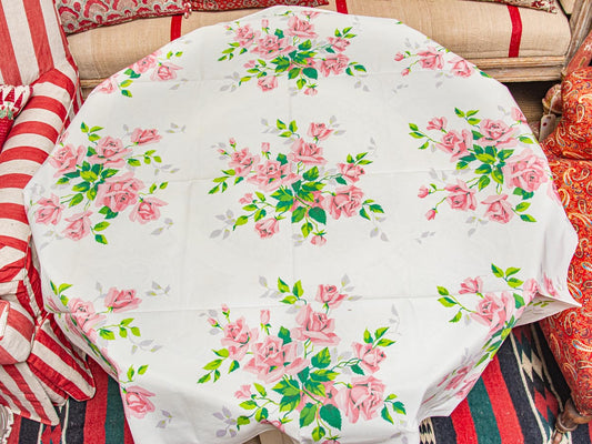 Vintage Floral Pink Rose 1950s Tablecloth