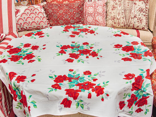 Vintage Floral Red Rose 1950s Tablecloth