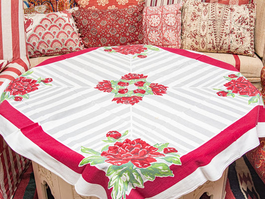 Vintage Floral Red Rose & Striped 1950s Tablecloth
