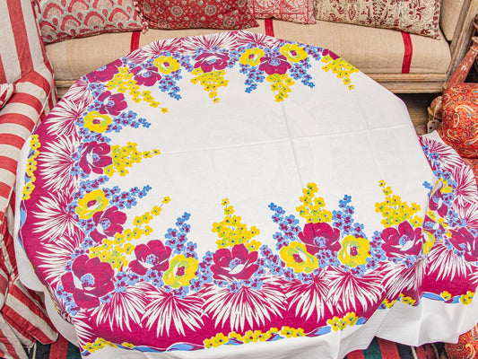 Vintage Floral Fuchsia & Yellow 1950s Tablecloth