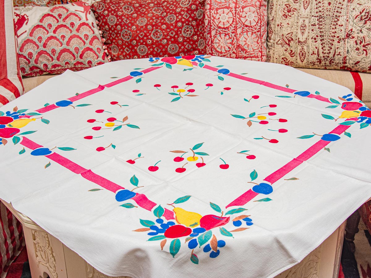 Vintage Floral Fruit & Cherry 1950s Tablecloth