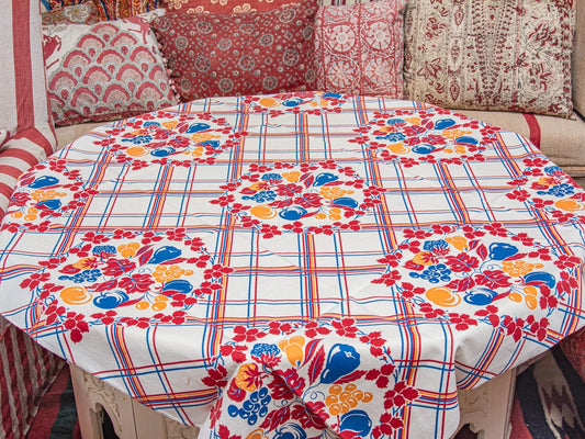 Vintage Floral Red, Blue, & Yellow Fruit 1950s Tablecloth