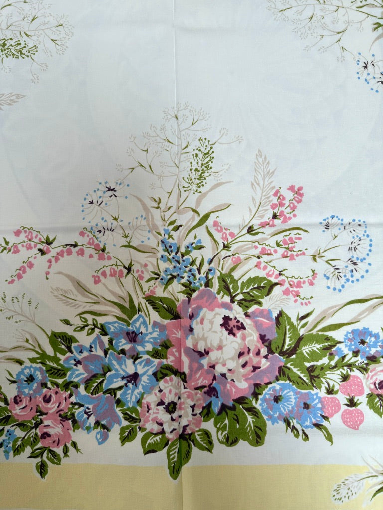 1950s Pastel Garden Tablecloth – Vintage Floral Border with Yellow Trim