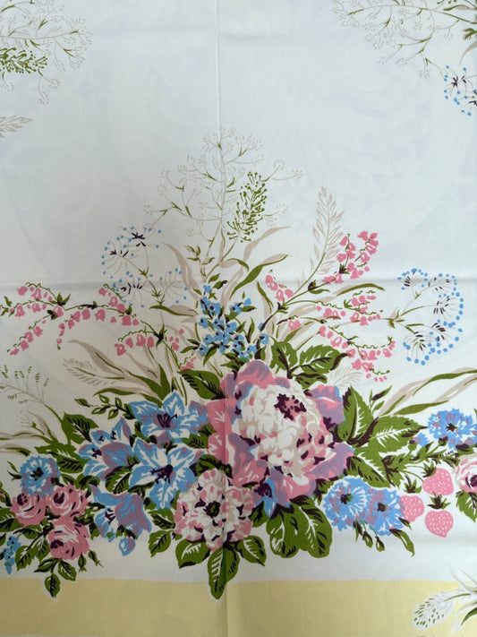 1950s Pastel Garden Tablecloth – Vintage Floral Border with Yellow Trim