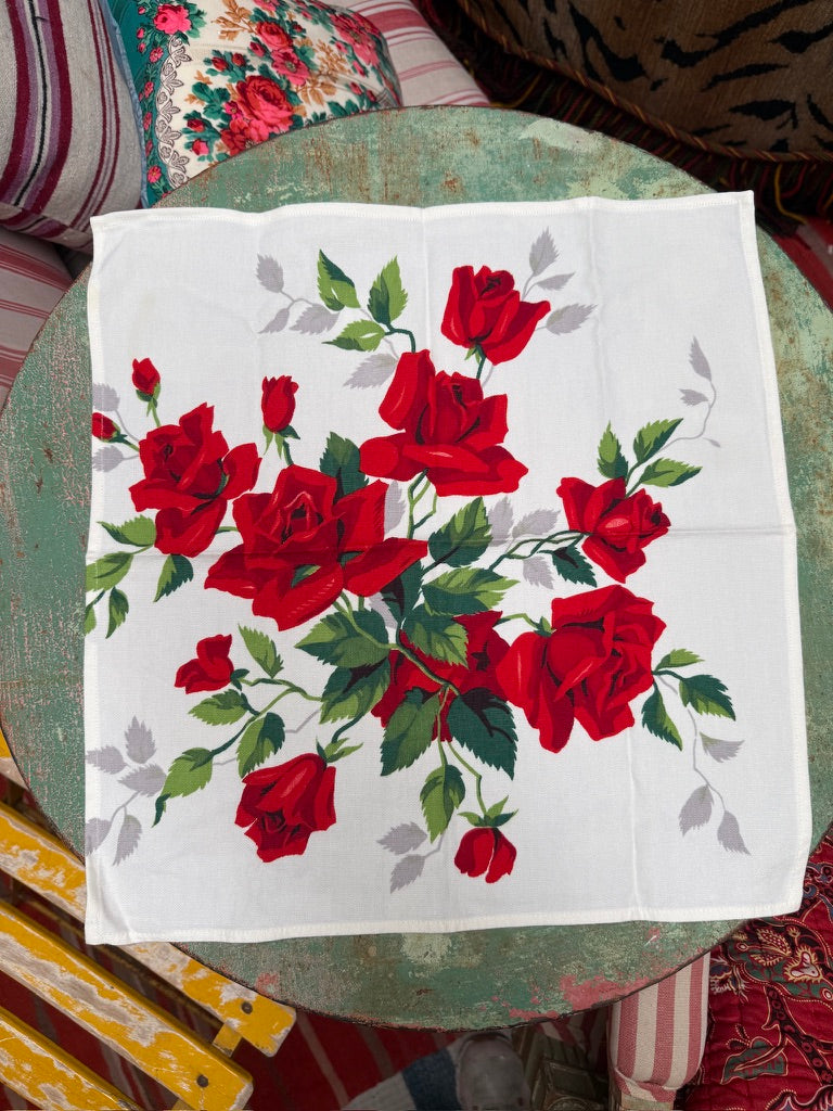 Handmade Crimson Rose Napkins –– Vintage Textile from Mid-Century Tablecloths, Set of 3