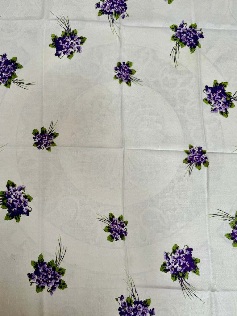 1950s Violet Cluster Tablecloth –– Vintage Floral Print on White Cotton
