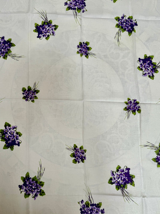 1950s Violet Cluster Tablecloth –– Vintage Floral Print on White Cotton