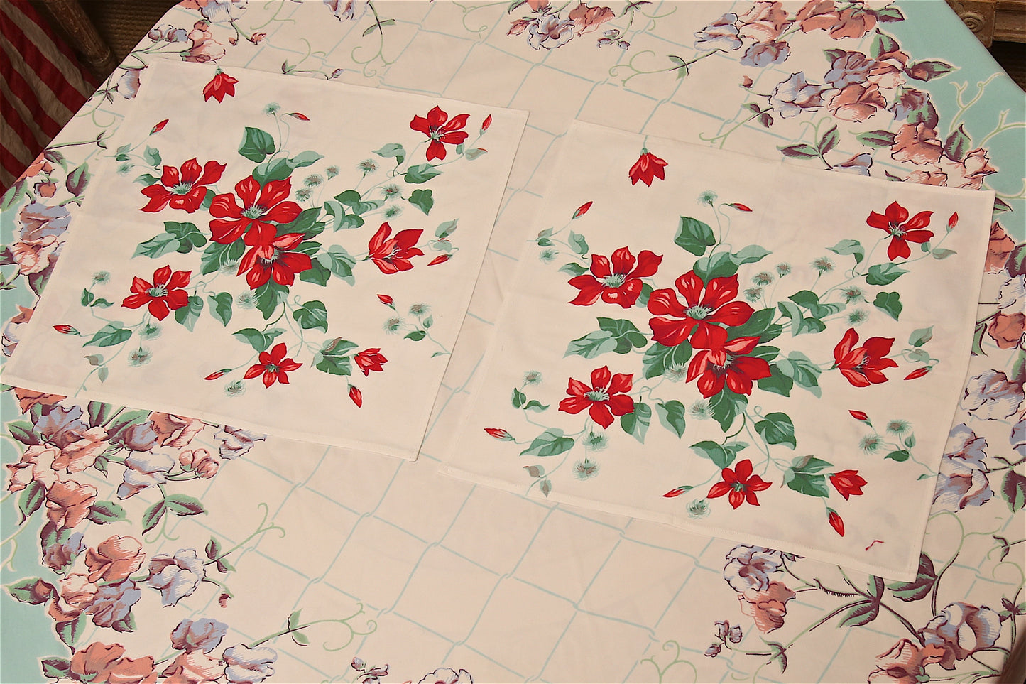 Handmade Red Clematis Napkins –– Vintage Textile from Mid-Century Tablecloths, Set of 3