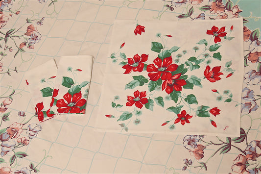 Handmade Red Clematis Napkins –– Vintage Textile from Mid-Century Tablecloths, Set of 3