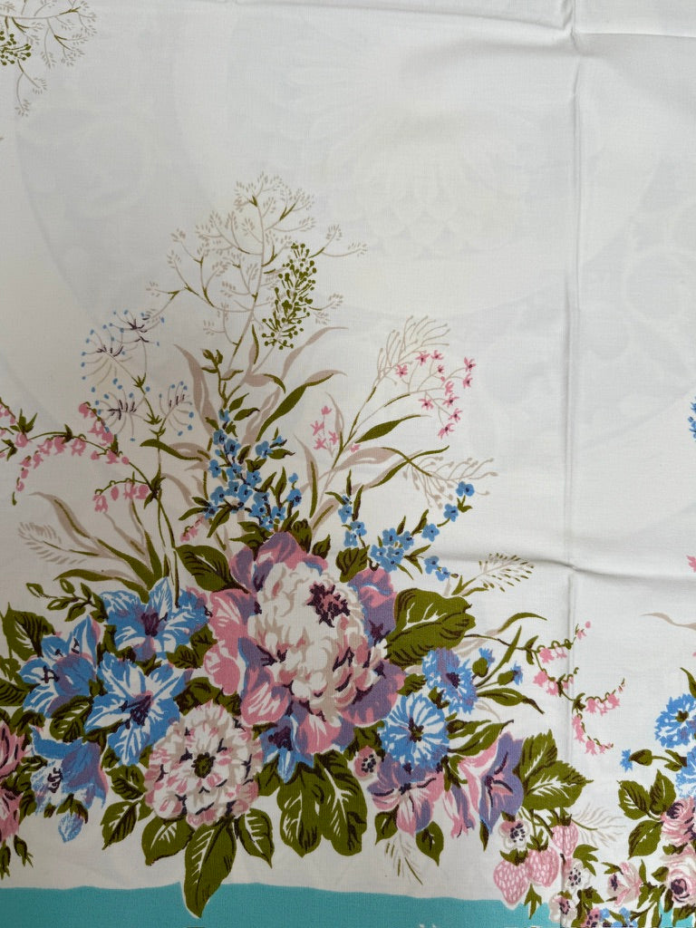 1950s Pastel Peony Tablecloth –– Vintage Floral Print with Blue Border