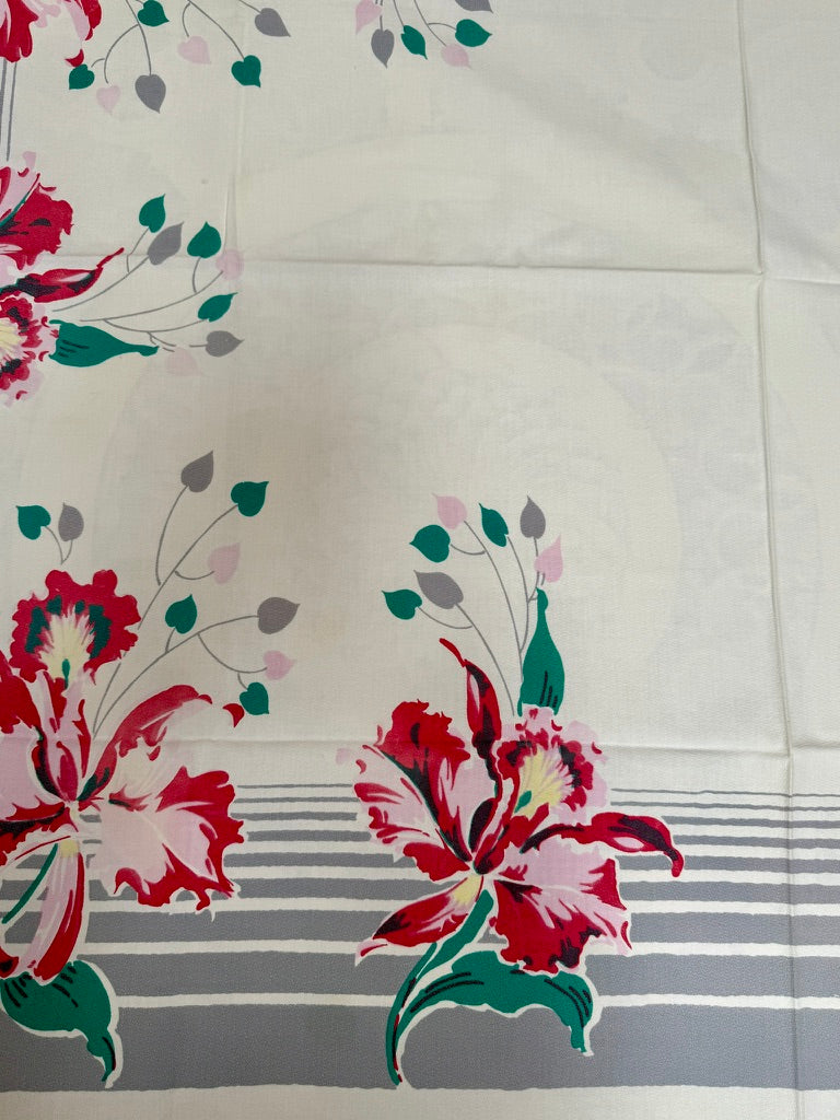 1950s Hibiscus Stripe Tablecloth – Vintage Graphic Floral Print
