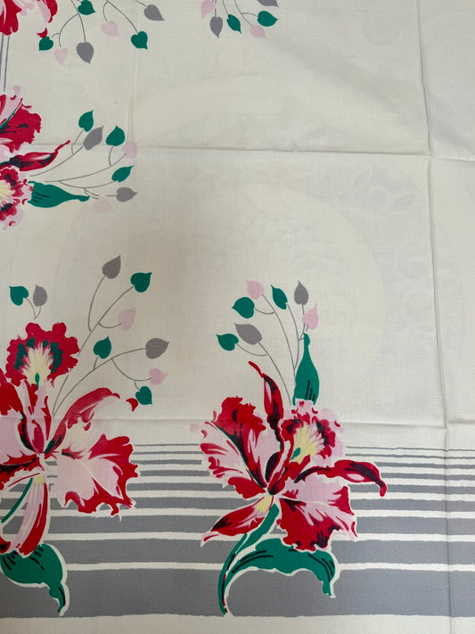 1950s Hibiscus Stripe Tablecloth – Vintage Graphic Floral Print