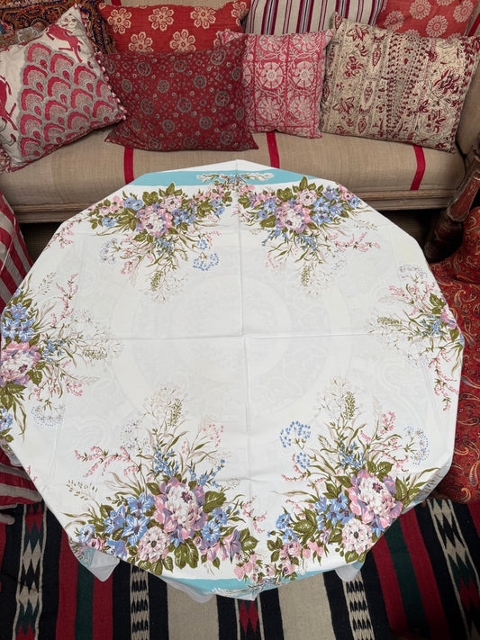 1950s Pastel Peony Tablecloth –– Vintage Floral Print with Blue Border